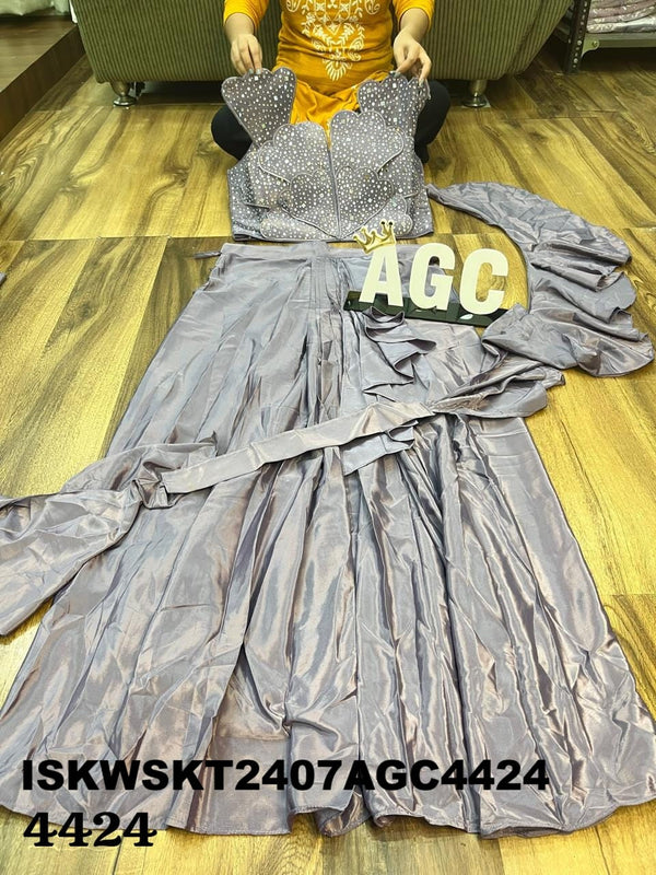 Embroidered Maslin Skirt With Crop Top And Ruffle Dupatta-ISKWSKT2407AGC4424