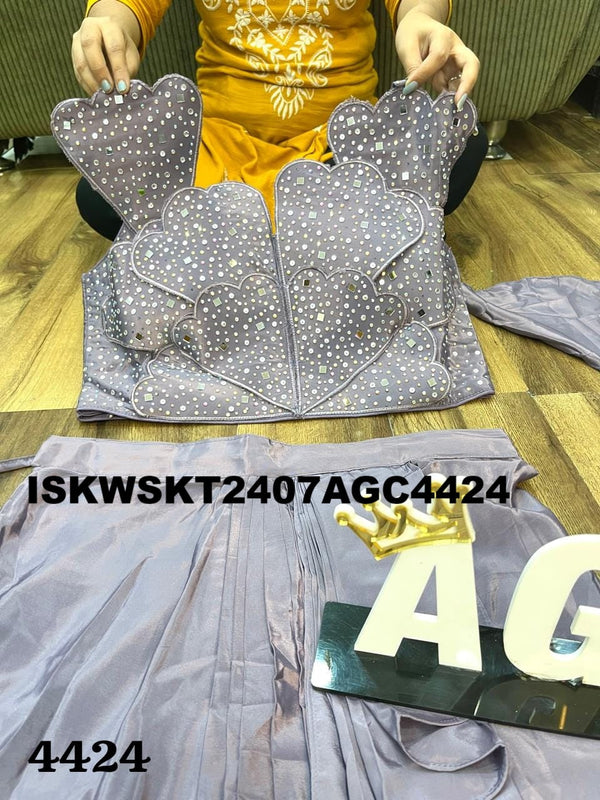 Embroidered Maslin Skirt With Crop Top And Ruffle Dupatta-ISKWSKT2407AGC4424