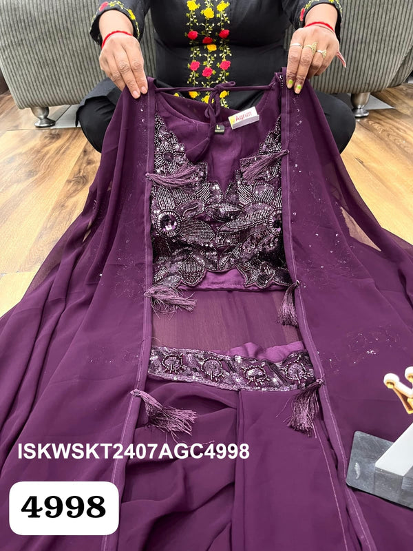 Embroidered Georgette Skirt With Crop Top And Shrug-ISKWSKT2407AGC4998