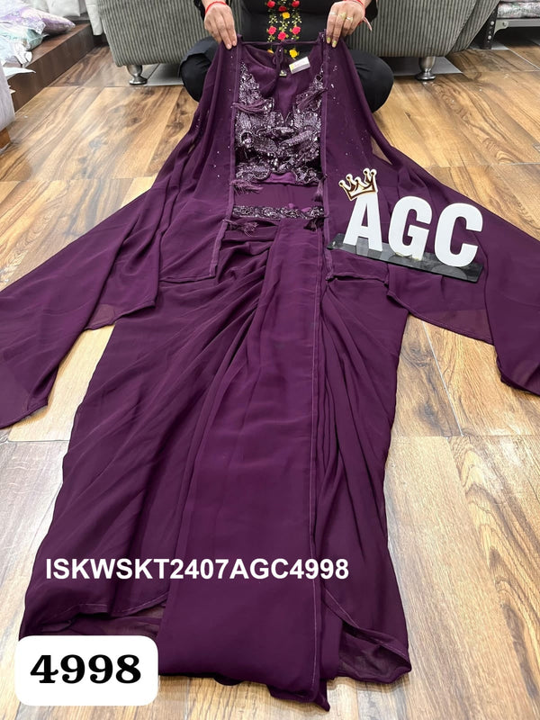 Embroidered Georgette Skirt With Crop Top And Shrug-ISKWSKT2407AGC4998