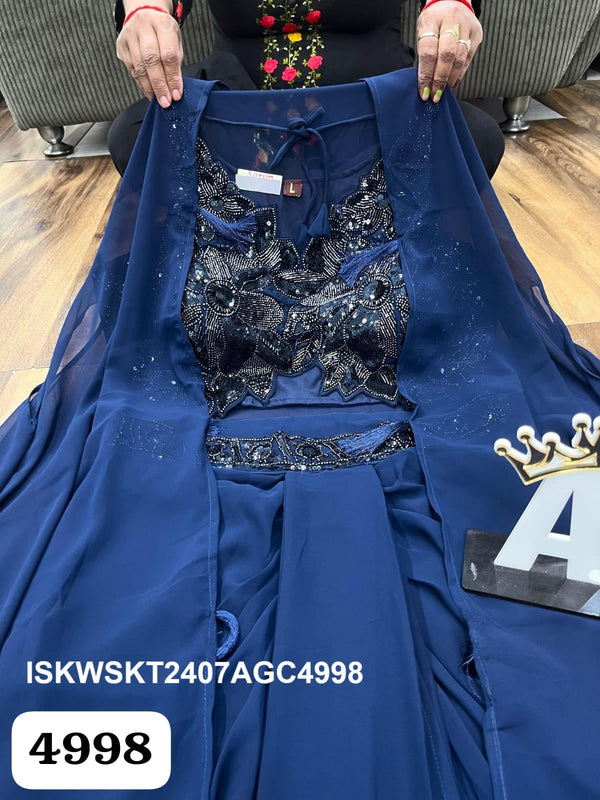 Embroidered Georgette Skirt With Crop Top And Shrug-ISKWSKT2407AGC4998