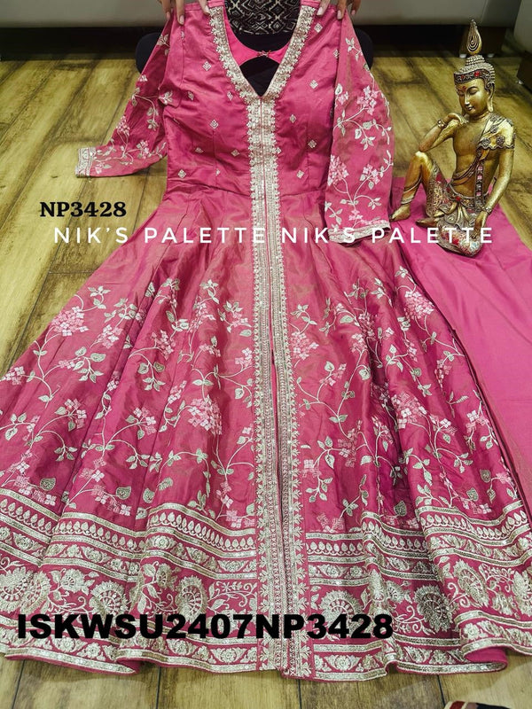 Embroidered Tissue Silk Front Slit Anarkali Kurti With Pant And Chiffon Dupatta-ISKWSU2407NP3428