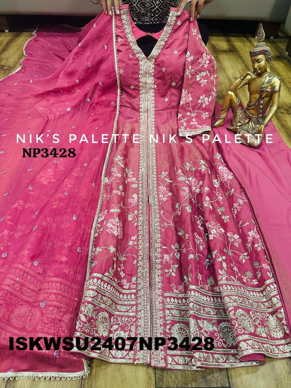 Embroidered Tissue Silk Front Slit Anarkali Kurti With Pant And Chiffon Dupatta-ISKWSU2407NP3428