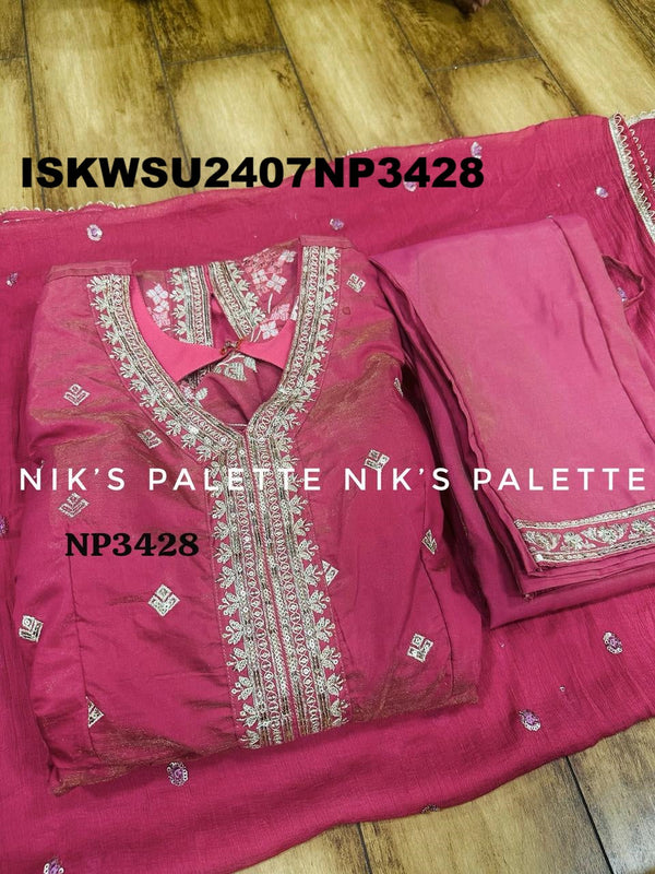 Embroidered Tissue Silk Front Slit Anarkali Kurti With Pant And Chiffon Dupatta-ISKWSU2407NP3428