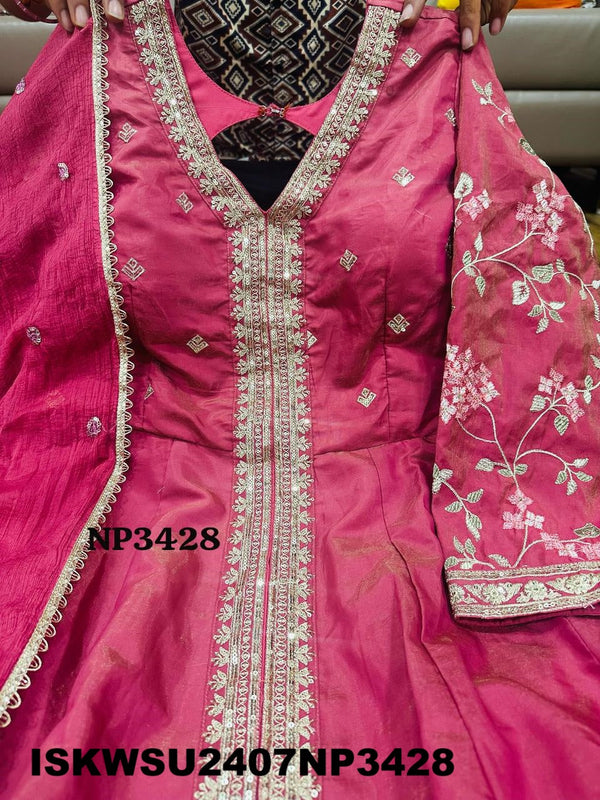 Embroidered Tissue Silk Front Slit Anarkali Kurti With Pant And Chiffon Dupatta-ISKWSU2407NP3428
