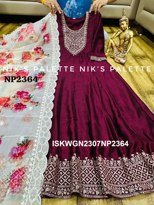Embroidered Silk Gown With Digital Printed Organza Dupatta-ISKWGN2307NP2364
