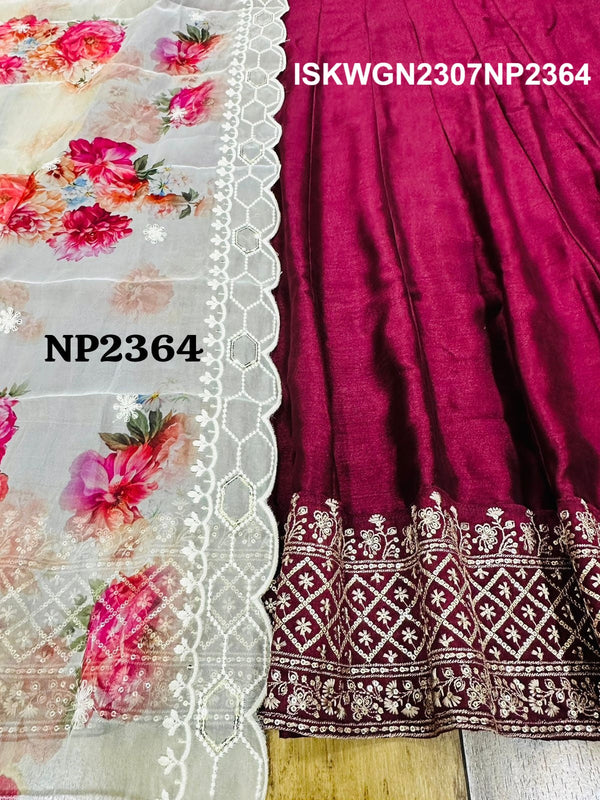 Embroidered Silk Gown With Digital Printed Organza Dupatta-ISKWGN2307NP2364