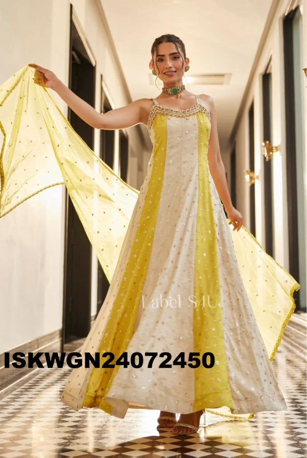 Embroidered Silk Gown With Organza Dupatta-ISKWGN24072450