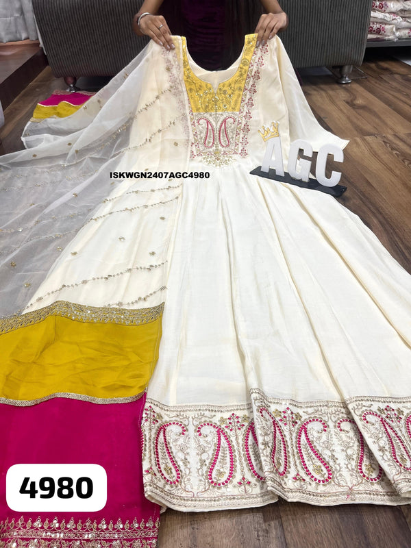 Embroidered Maslin Silk Gown With Organza Dupatta-ISKWGN2407AGC4980