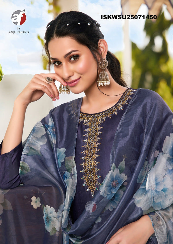 Embroidered Modal Silk Kurti With Pant And Digital Printed Organza Dupatta-ISKWSU25071450