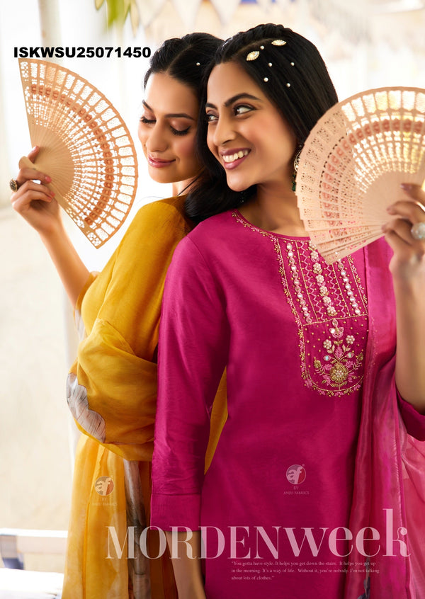 Embroidered Modal Silk Kurti With Pant And Digital Printed Organza Dupatta-ISKWSU25071450