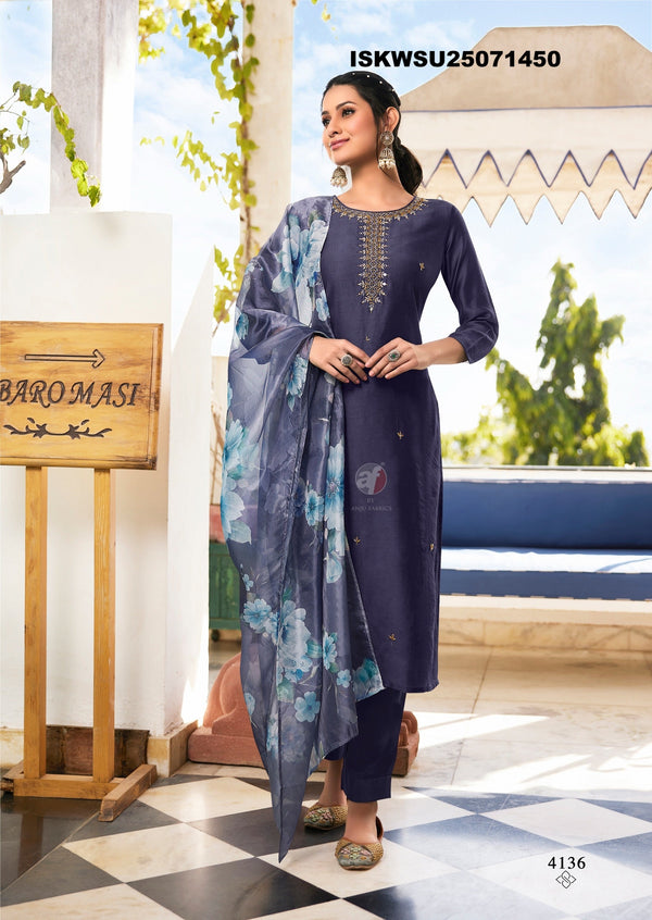 Embroidered Modal Silk Kurti With Pant And Digital Printed Organza Dupatta-ISKWSU25071450