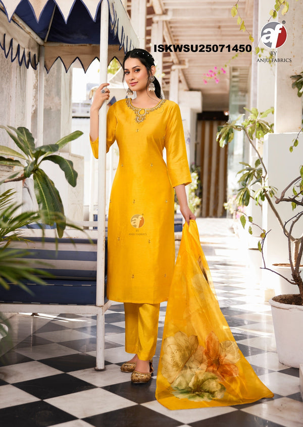 Embroidered Modal Silk Kurti With Pant And Digital Printed Organza Dupatta-ISKWSU25071450