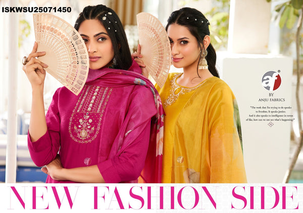 Embroidered Modal Silk Kurti With Pant And Digital Printed Organza Dupatta-ISKWSU25071450