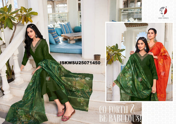 Embroidered Modal Silk Kurti With Pant And Digital Printed Organza Dupatta-ISKWSU25071450