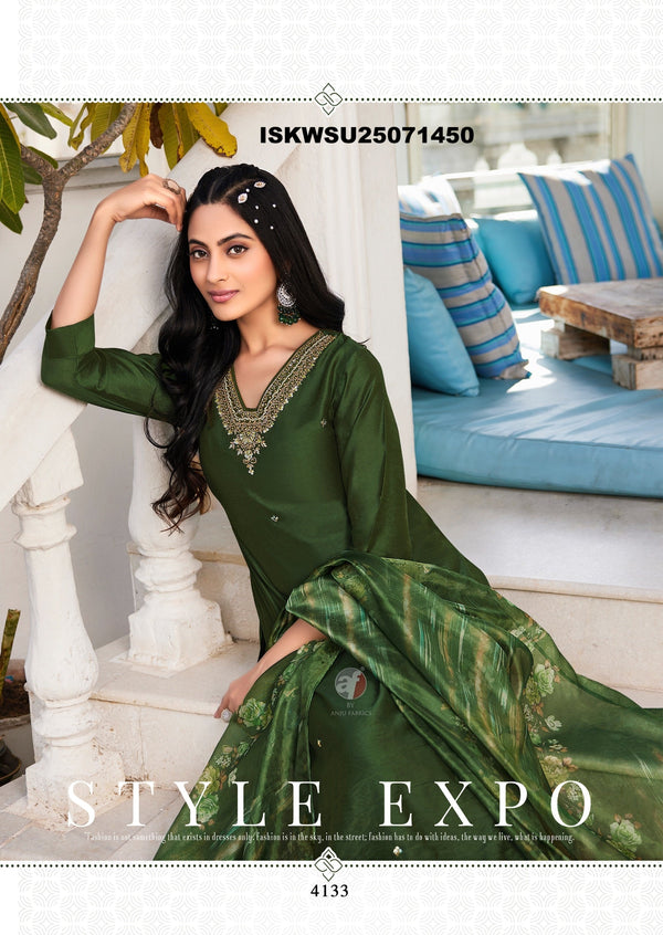 Embroidered Modal Silk Kurti With Pant And Digital Printed Organza Dupatta-ISKWSU25071450