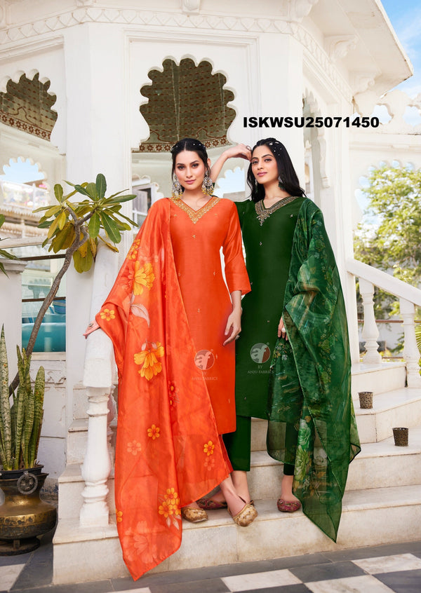 Embroidered Modal Silk Kurti With Pant And Digital Printed Organza Dupatta-ISKWSU25071450