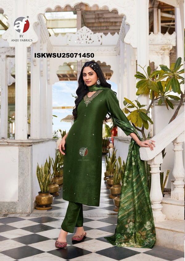 Embroidered Modal Silk Kurti With Pant And Digital Printed Organza Dupatta-ISKWSU25071450