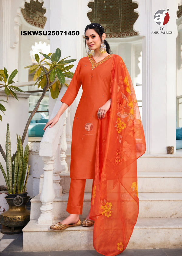 Embroidered Modal Silk Kurti With Pant And Digital Printed Organza Dupatta-ISKWSU25071450
