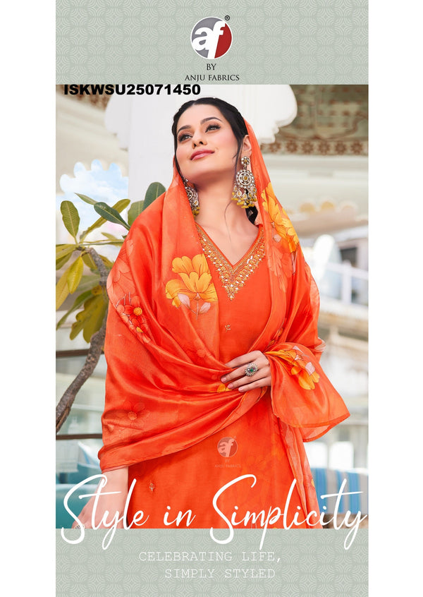Embroidered Modal Silk Kurti With Pant And Digital Printed Organza Dupatta-ISKWSU25071450