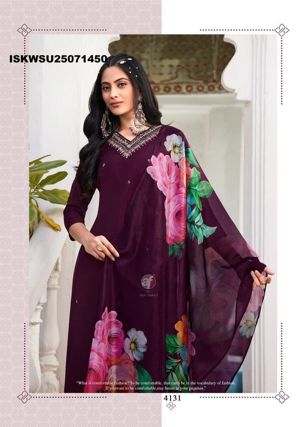 Embroidered Modal Silk Kurti With Pant And Digital Printed Organza Dupatta-ISKWSU25071450
