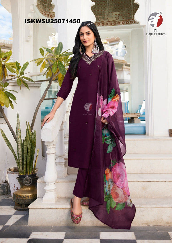 Embroidered Modal Silk Kurti With Pant And Digital Printed Organza Dupatta-ISKWSU25071450