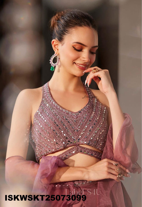 Sequined Silk Crop Top WIth Skirt And Ruffle Dupatta-ISKWSKT25073099