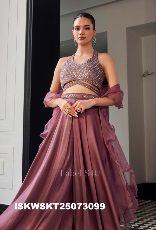 Sequined Silk Crop Top WIth Skirt And Ruffle Dupatta-ISKWSKT25073099