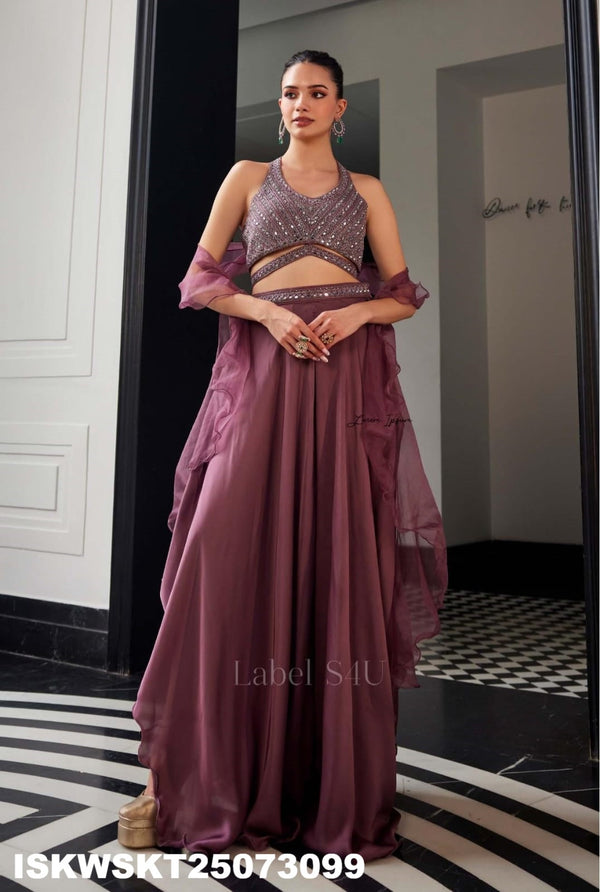 Sequined Silk Crop Top WIth Skirt And Ruffle Dupatta-ISKWSKT25073099