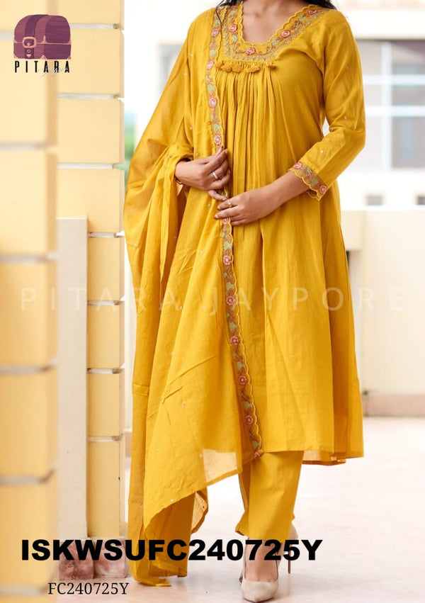 Embroidered Malmal Cotton Kurti With Pant And Dupatta-ISKWSUFC240725Y