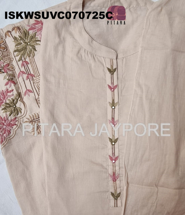 Embroidered Malmal Cotton Kurti With Pant And Dupatta-ISKWSUVC070725C/VC070725O