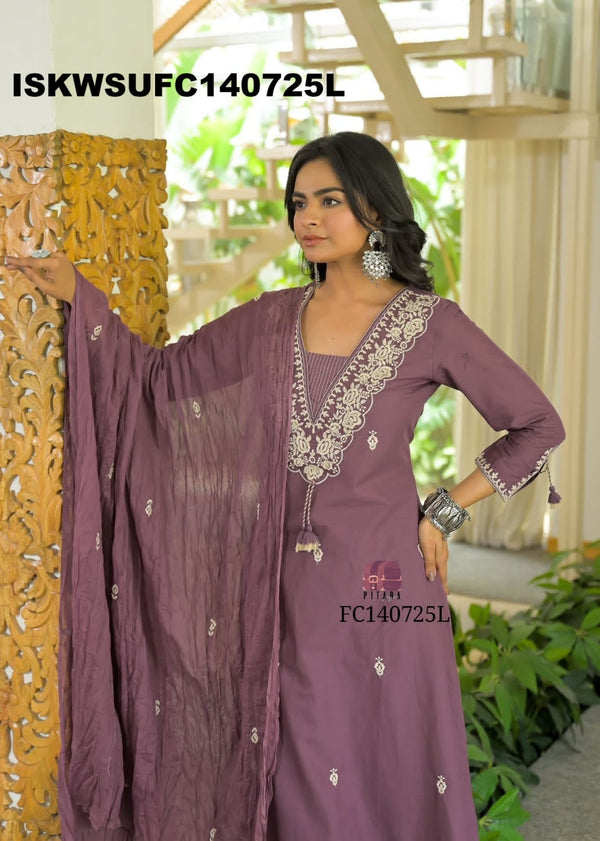 Embroidered Cotton Kurti With Pant And Crushed Dupatta-ISKWSUFC140725L