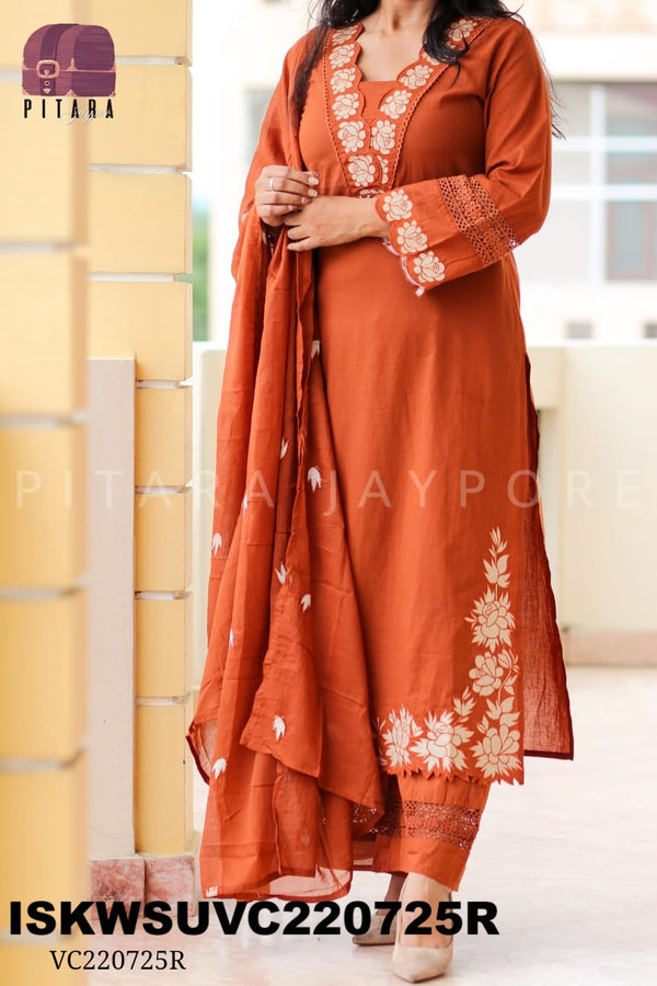 Embroidered Cotton Kurti With Pant And Dupatta-ISKWSUVC220725R