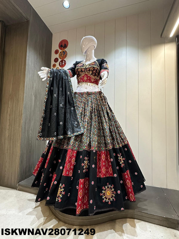 Ikkat Printed Khadi Cotton Lehenga With Blouse And Kora Silk Dupatta-ISKWNAV28071249