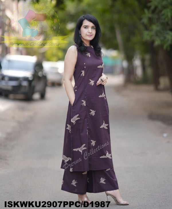 Bird Printed Cotton A-Line Kurti With Palazzo-ISKWKU2907PPC/D1987