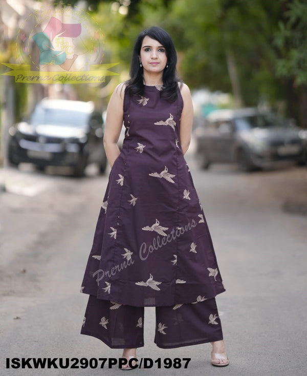 Bird Printed Cotton A-Line Kurti With Palazzo-ISKWKU2907PPC/D1987