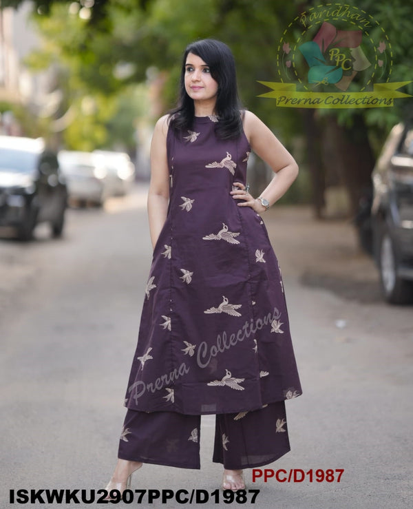 Bird Printed Cotton A-Line Kurti With Palazzo-ISKWKU2907PPC/D1987