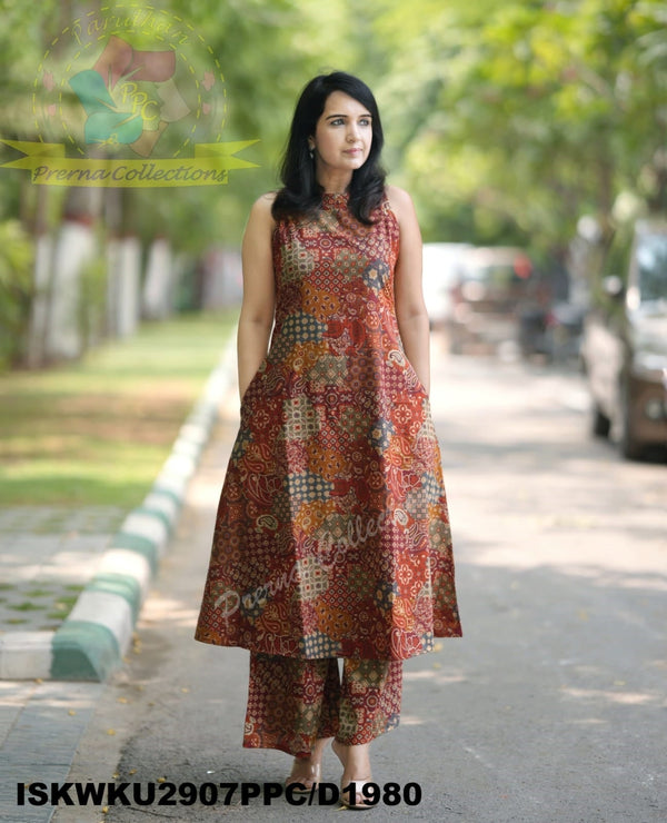 Ajrakh Printed Cotton A-Line Kurti With Palazzo-ISKWKU2907PPC/D1980