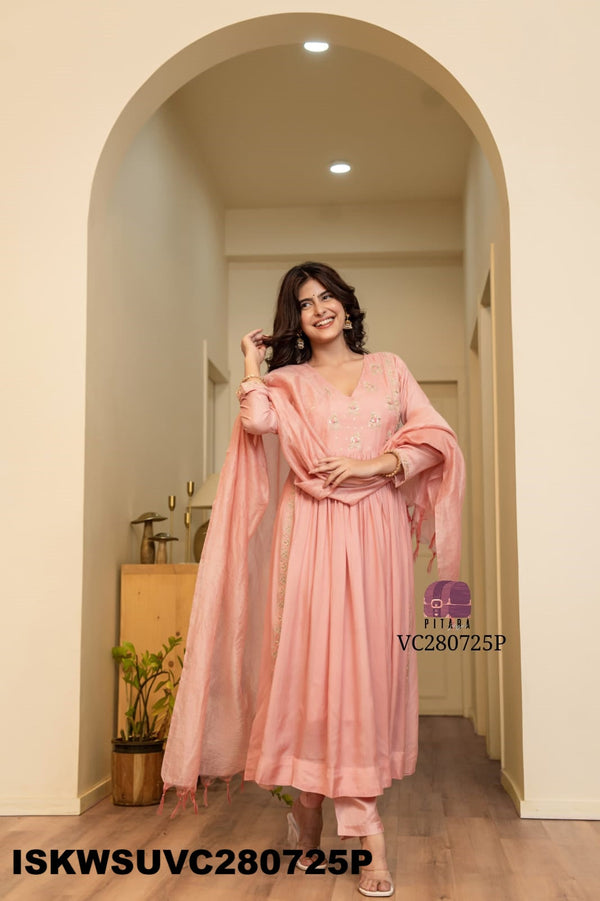 Embroidered Malmal Chanderi Kurti With Silk Pant And Tissue Silk Dupatta-ISKWSUVC280725P
