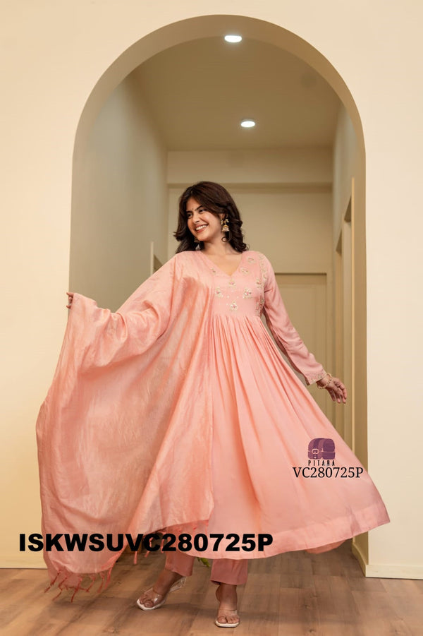 Embroidered Malmal Chanderi Kurti With Silk Pant And Tissue Silk Dupatta-ISKWSUVC280725P