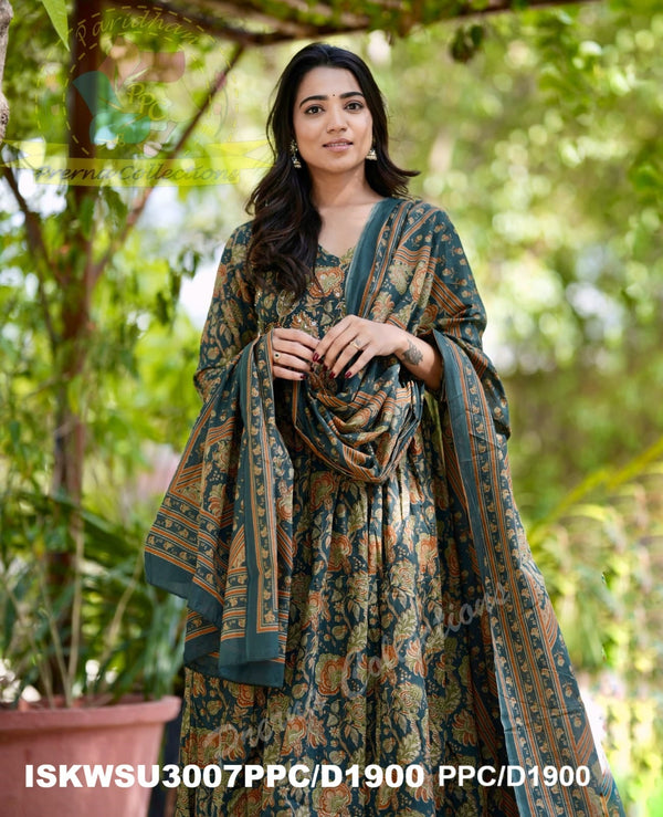 Kalamkari Printed Cotton Anarkali Kurti With Pant And Malmal Cotton Dupatta-ISKWSU3007PPC/D1900