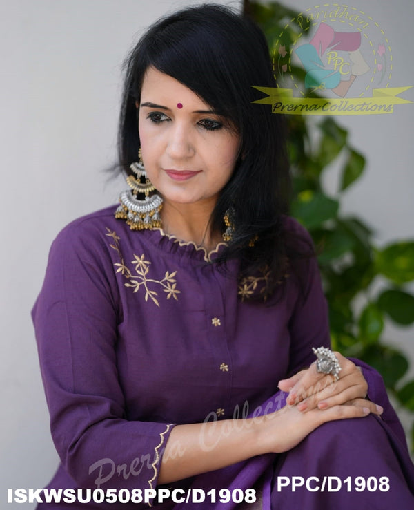 Embroidered Khadi Cotton Kurti With Pant And Linen Dupatta-ISKWSU0508PPC/D1908
