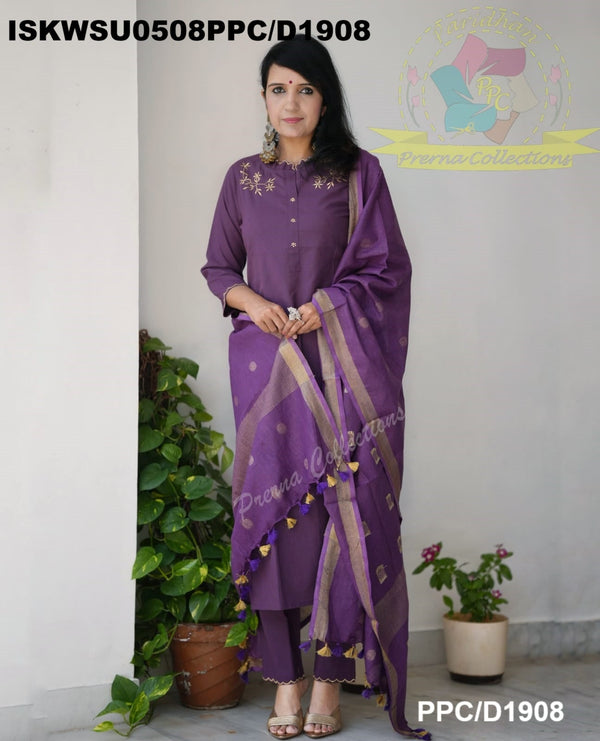 Embroidered Khadi Cotton Kurti With Pant And Linen Dupatta-ISKWSU0508PPC/D1908