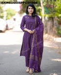 Embroidered Khadi Cotton Kurti With Pant And Linen Dupatta-ISKWSU0508PPC/D1908