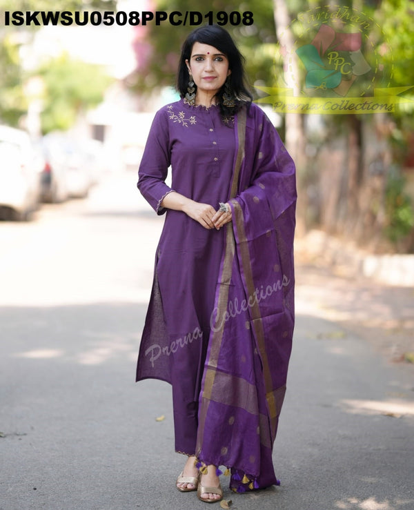 Embroidered Khadi Cotton Kurti With Pant And Linen Dupatta-ISKWSU0508PPC/D1908