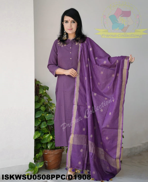 Embroidered Khadi Cotton Kurti With Pant And Linen Dupatta-ISKWSU0508PPC/D1908