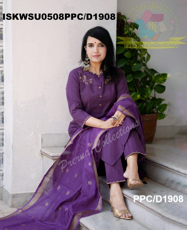 Embroidered Khadi Cotton Kurti With Pant And Linen Dupatta-ISKWSU0508PPC/D1908