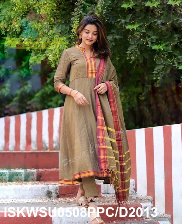 Handloom Cotton Silk Anarkali Kurti With Cotton Silk Pant And Handloom Dupatta-ISKWSU0508PPC/D2013