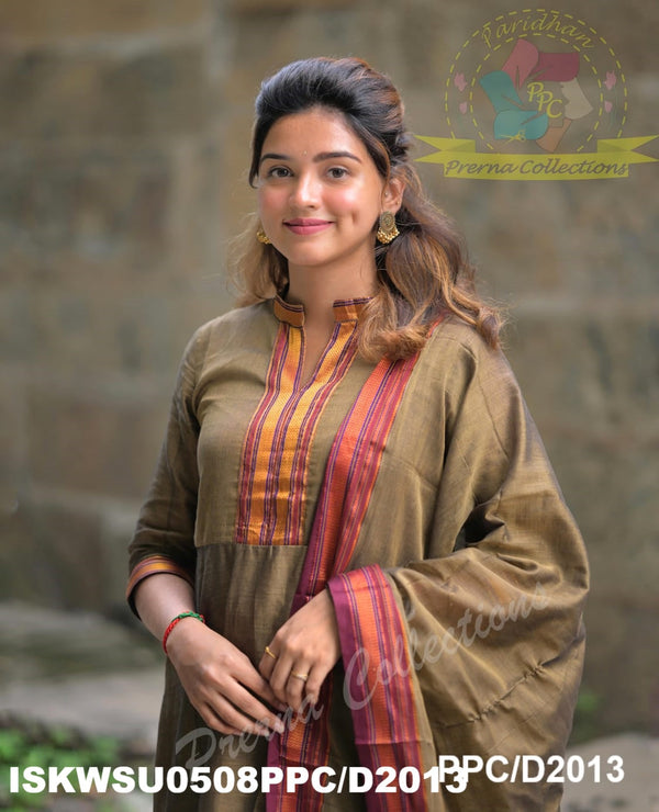 Handloom Cotton Silk Anarkali Kurti With Cotton Silk Pant And Handloom Dupatta-ISKWSU0508PPC/D2013