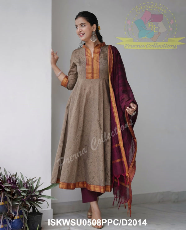 Handloom Cotton Anarkali Kurti With Pant And Dupatta-ISKWSU0508PPC/D2014